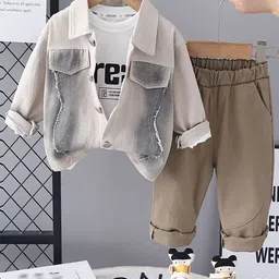 INCLUD Boys Cotton Solid Shacket With Printed T-Shirt & Pants Set-picture-24