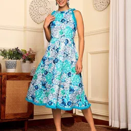 Varanga Floral Print Halter Neck Fringed A-Line Dress-43
