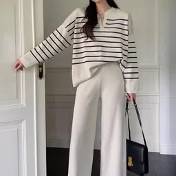 Alamode By Akanksha Beige Rachel Striped Woollen Co-Ords Set-picture-9