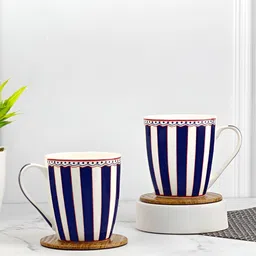 UPC White & Navy Blue 2 Pieces Striped Printed Dishwasher Safe Ceramic Glossy Mugs-19