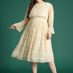 DressBerry Curve Plus Size Floral Print Bell Sleeves Georgette Fit & Flare Dress-14
