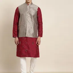 SOJANYA Men Maroon Mirror Work Kurta with Pyjamas & Nehru Jacket-1