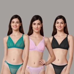 AROUSY Green & Pink Self Pattern Bra Panty Set - Pack Of 3-image-50