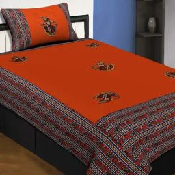 JaipurFabric Orange Cotton 240 TC Gujri Embroidery Single Bedsheet with 1 Pillow Cover-picture-32
