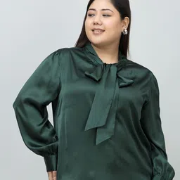 PURYS PLUS Tie-Up Neck Satin Shirt Style Top-image-2