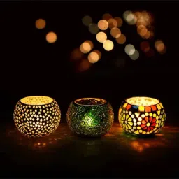 eCraftIndia Set of 3 Mosiac Glass Decorative Tea Light Holder/Diya-17