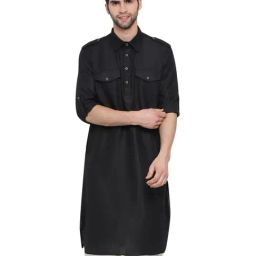 VASTRAMAY Black Cotton Regular Fit Pathani Kurta-image-15