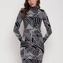 MADAME Black & White Cotton Printed Bodycon Dress-image-35