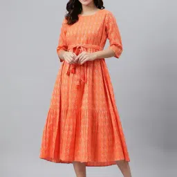 Janasya Orange Cotton Striped A-Line Dress-image-101
