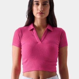 The Souled Store Pink Cotton Striped Crop Top-image-92