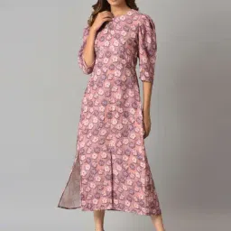 W Pink Cotton Floral Print A-Line Dress-image-56