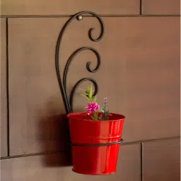 ExclusiveLane 'The Red Bucket' Wall Planter Pot With Curved Holder In Galvanized Iron-image-53