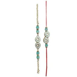 Karatcart Gold-Plated Light Blue Handmade Kundan Rakhi, Roli & Chawal for Bhai & Bhabi - Set of 2 image 3