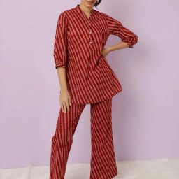 Jaipur Kurti Maroon Cotton Printed Tunic Palazzos Set-image-1