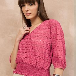 Moda Rapido Floral Embroidered V-Neck Puff Sleeve Cotton Top-picture-38