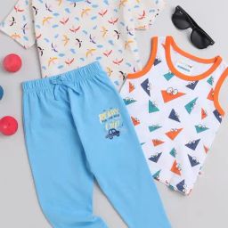 Bumzee Kids White & Blue Printed T-Shirt (Pack Of 2) with Pyjamas-image-36