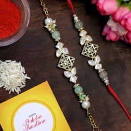 Karatcart Gold-Plated Light Green Beads Kundan Rakhi, Roli & Chawal for Bhai & Bhabi - Set of 2-3