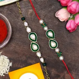 Karatcart Gold-Plated Green Handmade Kundan Rakhi, Roli & Chawal for Bhai & Bhabi - Set of 2-44