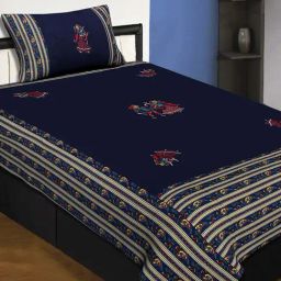 JaipurFabric Blue Cotton 240 TC Dandiya Embroidery Single Bedsheet with 1 Pillow Cover-image-5