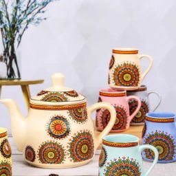 ROXX Multicolor Stoneware Azurro Tea Cup with Tea Pot - Set of 7 (900 ml)-31