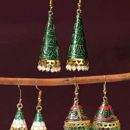 OOMPH Set of 3 Green & Pink Meenakari Cone Shape Jhumki Earrings For Women-image-28