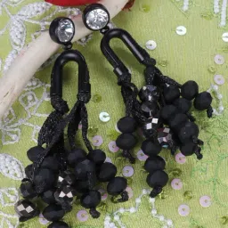 Priyaasi Stones Studded Tasselled Drop Earrings in Black Color-image-31