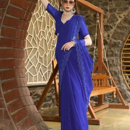 Fabmora Royal Blue Embellished Georgette Saree with Blouse-picture-13