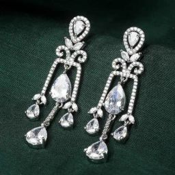 Zeneme Rhodium Plated Silver Toned American Diamond Crystal Cluster Chandelier Earrings-20