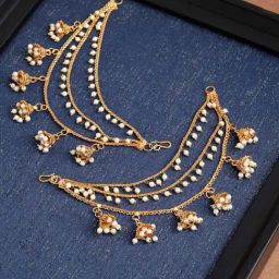 Zeneme Gold Plated White Jhumki Earrings With Ear Chain-71