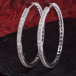 Zeneme Rhodium Plated Brass American Diamond Hoop Earrings-13