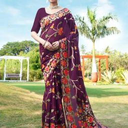 Satrani Wine Woven Saree With Unstitched Blouse-image-1