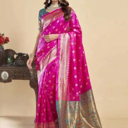 Satrani Pink Silk Woven Saree With Unstitched Blouse-picture-24