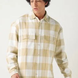 Bewakoof Beige Cotton Relaxed Fit Checks Oversized Shirt-image-114