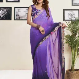 Satrani Purple & Navy Blue Embroidered Saree With Unstitched Blouse-image-91