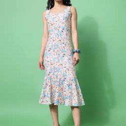 PURVAJA Sky Blue & White Floral Print Midi Dress-image-88