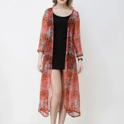 Scorpius Orange Floral Print Long Shrug-image-76