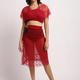 Erotissch Red Lace Work Beachwear Co-Ord Set-image-50