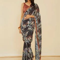 Soch Black Floral Print Saree With Unstitched Blouse-image-24