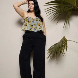 Curve By Kassually Yellow & Black Floral Print Jumpsuit-63