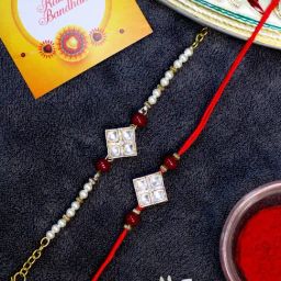 Karatcart Gold-Plated Red Bead Square Kundan Rakhi, Roli & Chawal for Bhai & Bhabi - Set of 2-17