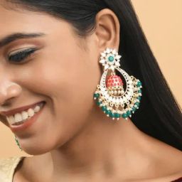 Fida Gold-Plated Red & Green Stone Chand Bali Earrings-image-88