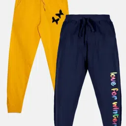 Kiddopanti Kids Mustard & Navy Embellished Trackpants (Pack Of 2)-image-93