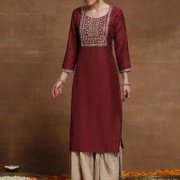 Indo Era Maroon Embroidered Straight Kurta-image-36