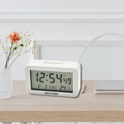 RHYTHM White Plastic Rectangular LED Light Beep Alarm Digital Table Clock-37
