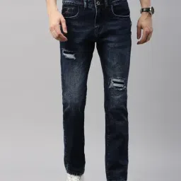 CINOCCI Dark Blue Cotton Slim Fit Distressed Jeans-picture-41