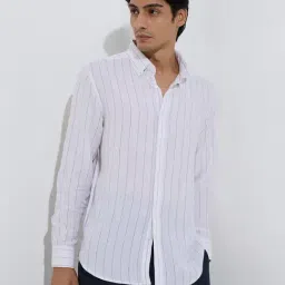 Ascot by Westside White Stripe Printed Relaxed-Fit Linen Shirt-image-23