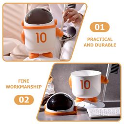sg-mart Astronaut Trash Can Cute Mini Desktop Dustbin Smooth Flip Lid Small Garbage Can For Office Desktop Coffee Table Kitchen Tiny Waste Bin Small Basket Manual-Lift With Brush (Orange,1-Pcs) image 5