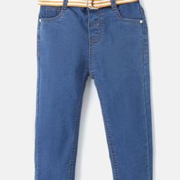 Babyhug Cotton Stretchable Full Length Washed Jeans With Belt  Fly With Zipper -  Medium Blue-image-88