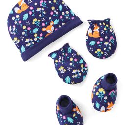 Babyhug 100% Cotton Knitted Cap Mittens & Booties with Floral and Animal Print- Blue-19