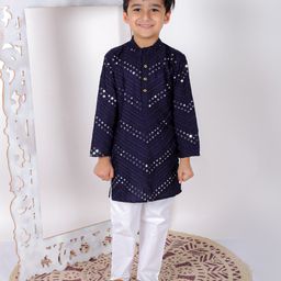 Superminis Full Sleeves Chevron Designed Thread Work Embroidered & Mirror Wok Embellished Kurta & Pyjama Set - Navy Blue-image-91